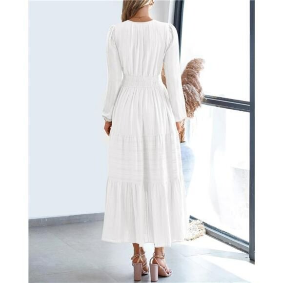Long Sleeve V Neck Maxi Dress Fall Wedding Guest Flowy Dress with Pockets - Picture 3 of 7